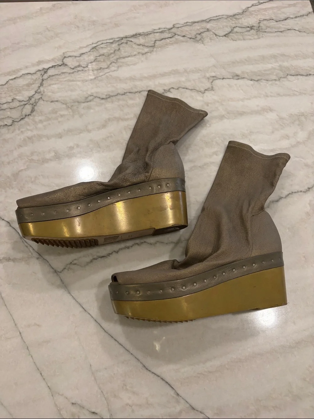 Rick Owens Taupe Sock Platform Wedge Boots with Brass Platform SZ 37
